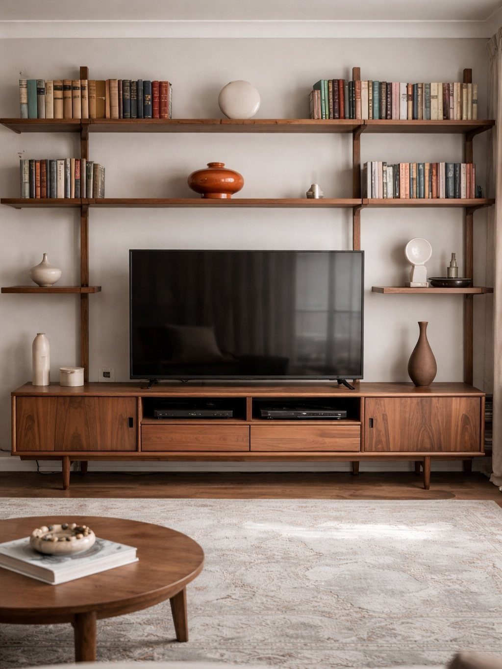 A television on a wooden console with floating shelves holding books and decor above it.
