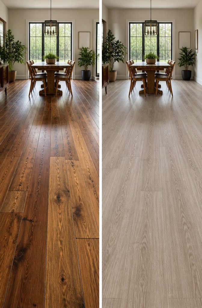 Vinyl vs Hardwood Flooring: 6 Key Differences Compared 5 Comparison of hardwood and vinyl flooring appearance.