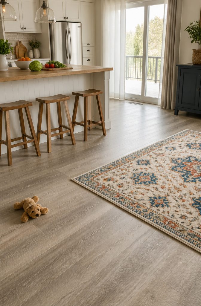 Vinyl vs Hardwood Flooring: 6 Key Differences Compared 7 Photograph showing a kitchen with a cushioned vinyl floor.