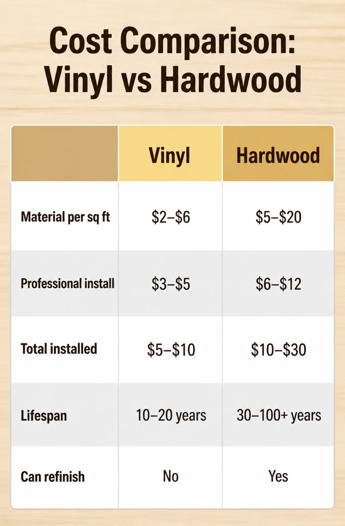Vinyl vs Hardwood Flooring: 6 Key Differences Compared 1 Cost comparison chart detailing prices for vinyl and hardwood flooring.