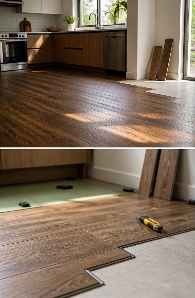 Vinyl vs Hardwood Flooring: 6 Key Differences Compared 4 Photograph illustrating the installation of vinyl and hardwood flooring.