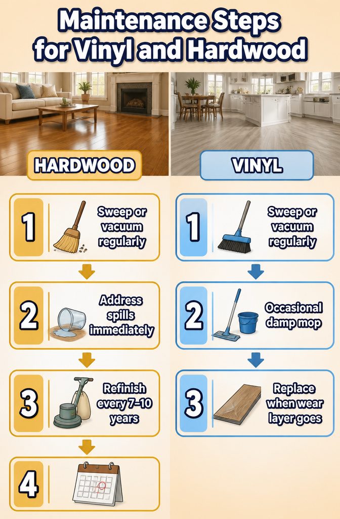 Vinyl vs Hardwood Flooring: 6 Key Differences Compared 3 Maintenance steps for hardwood and vinyl flooring.