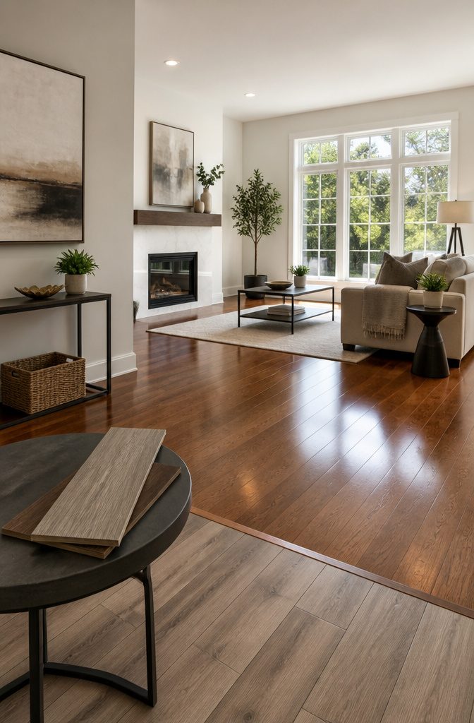 Vinyl vs Hardwood Flooring: 6 Key Differences Compared 8 Living room showcasing hardwood and luxury vinyl flooring.