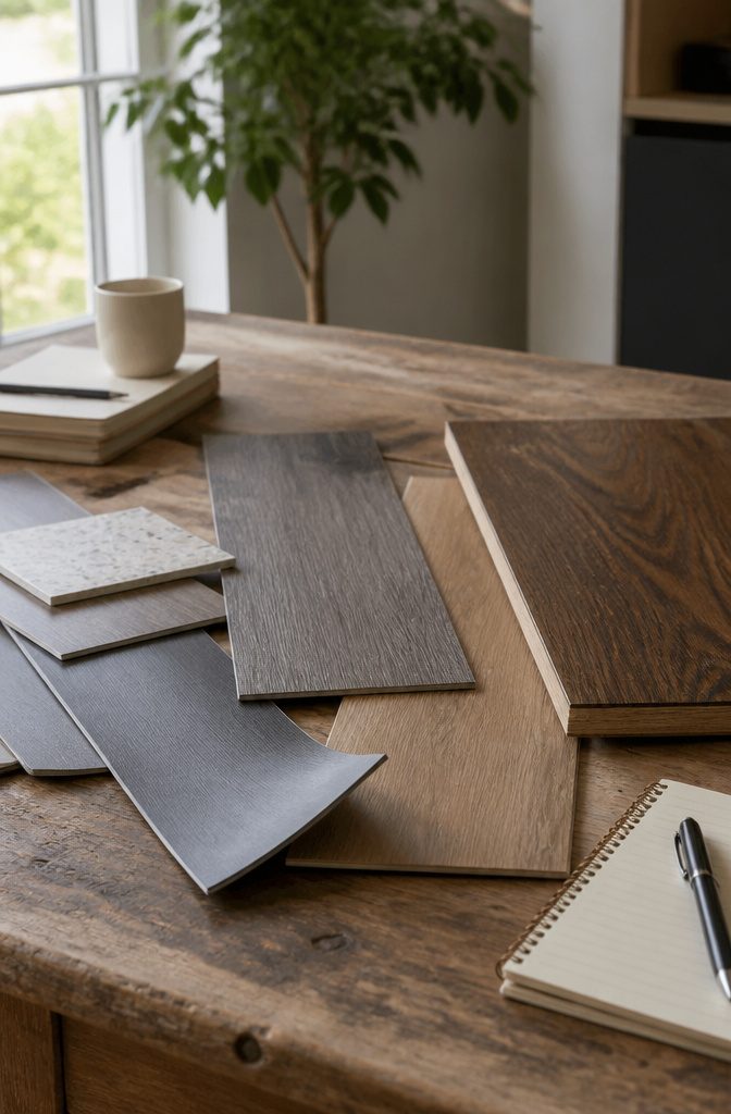 Vinyl vs Hardwood Flooring: 6 Key Differences Compared 10 Scattered samples of luxury vinyl planks and hardwood flooring.