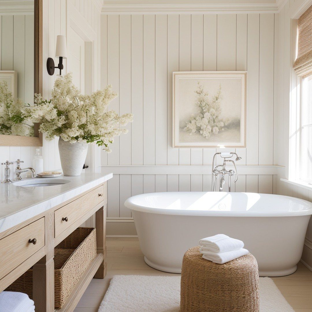 8 Wall Molding Design Ideas for Rooms That Need More Structure 3 White vertical shiplap walls in a bright bathroom with a freestanding bathtub and wooden vanity.
