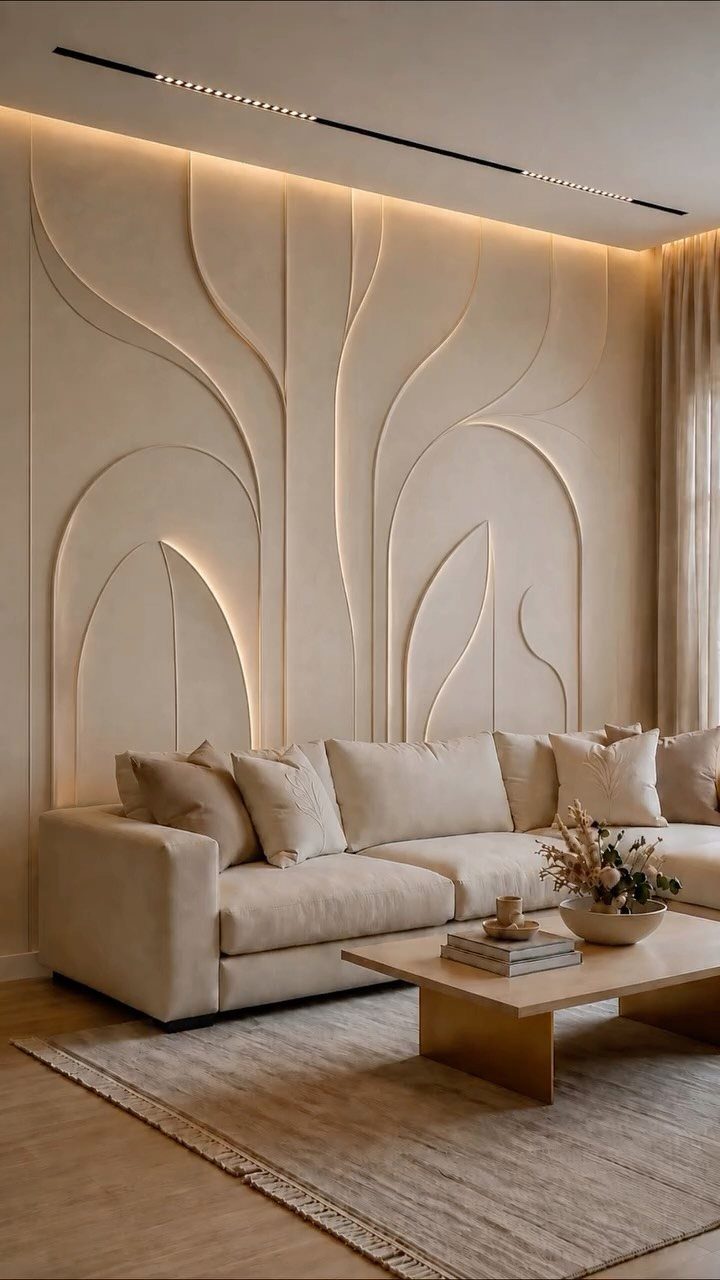 Cream colored wall with organic 3D sculpted patterns behind a beige sectional sofa.