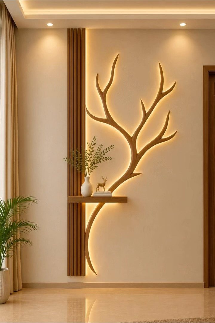 Decorative wooden branch-shaped wall panel with warm backlight and a small floating shelf on a cream wall.