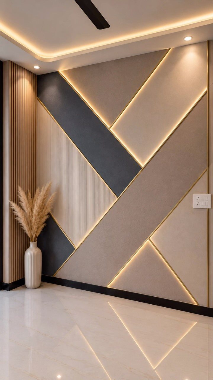 Geometric wall panels with integrated LED lighting strips in a modern living room setting.