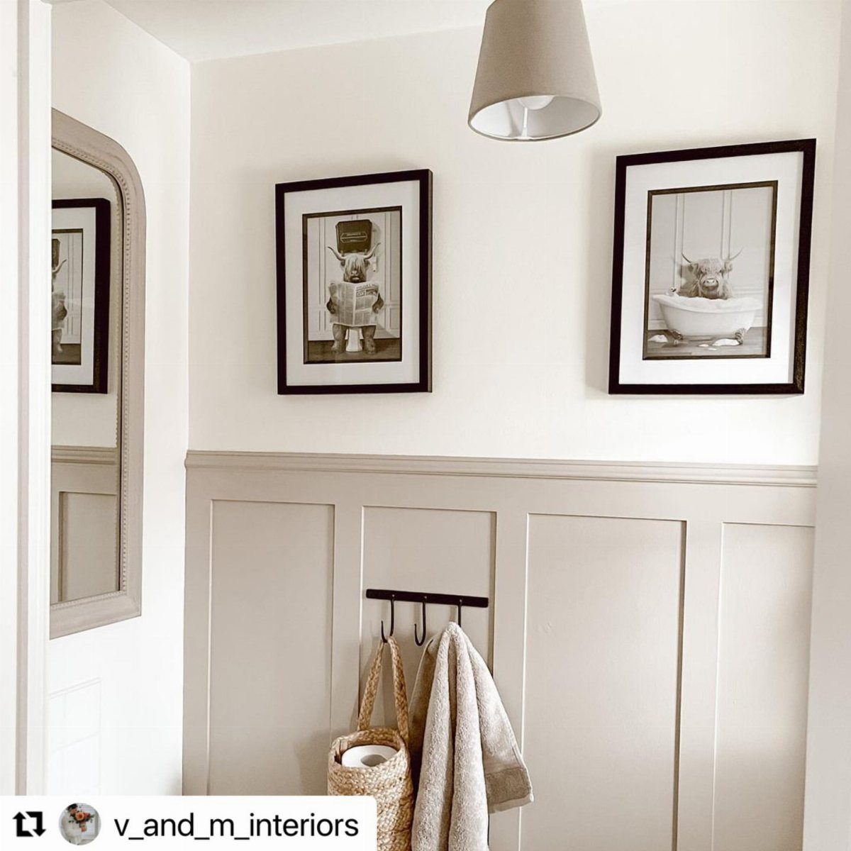 Beige wainscoting wall paneling installed on the lower half of a white interior wall.