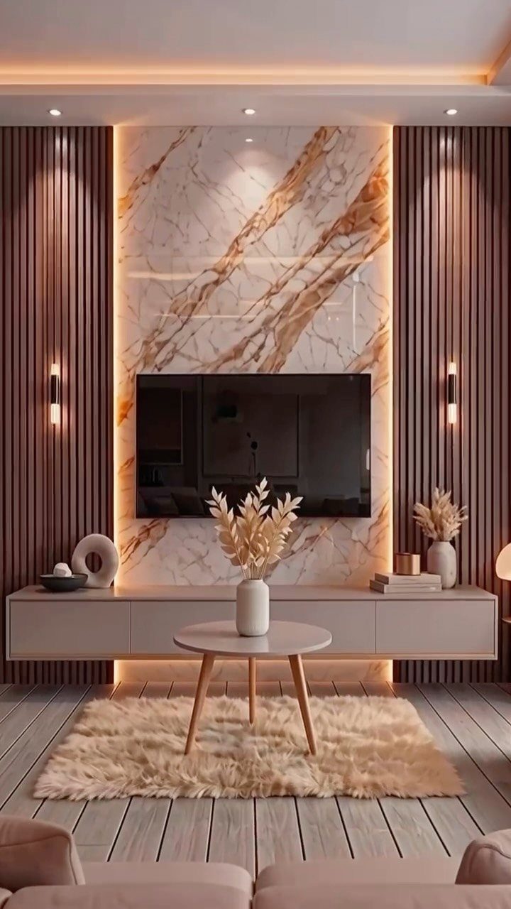 Modern living room wall featuring vertical wood slats and a large marble central panel with a television.
