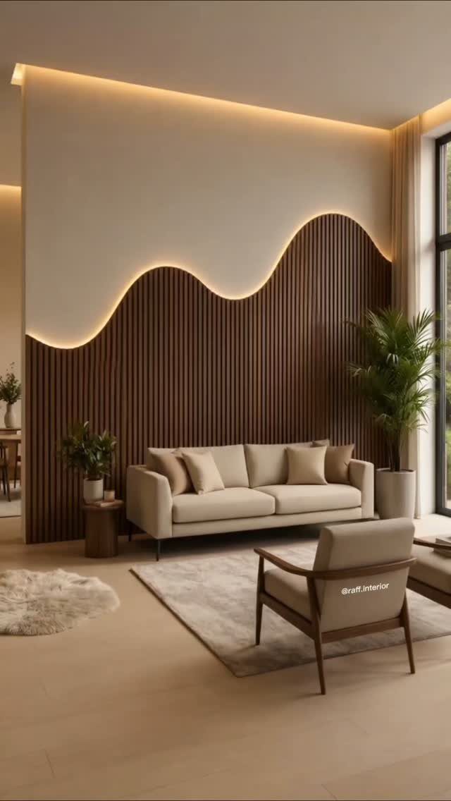 Modern living room featuring a wavy wood slat wall panel with warm integrated LED lighting.