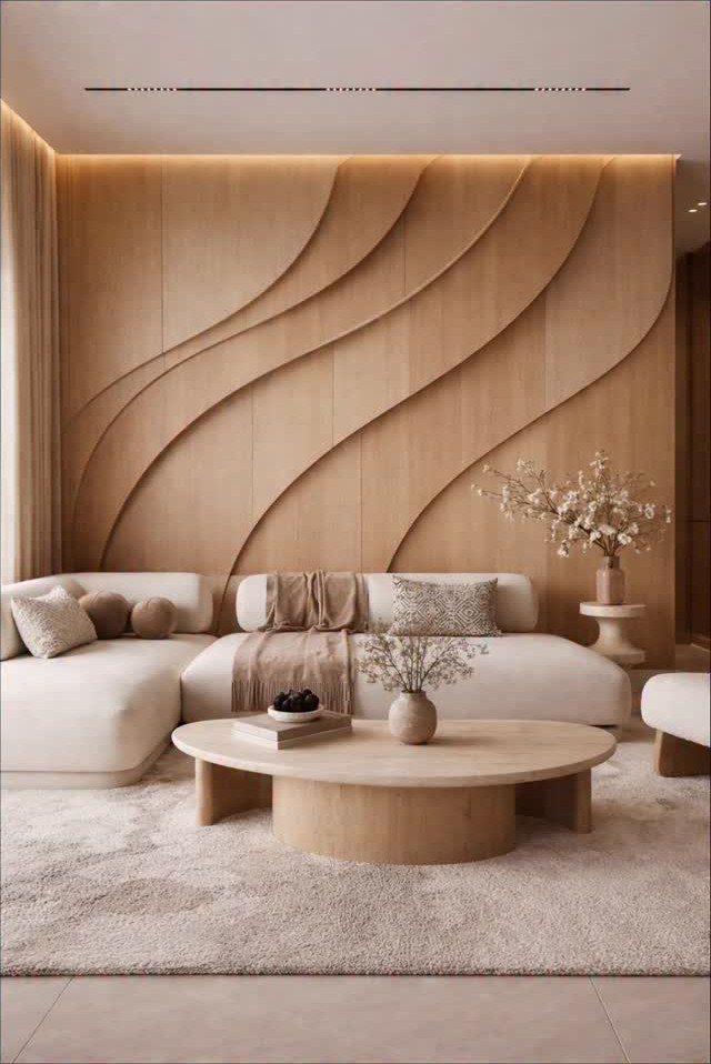 Light wood wall panels with flowing wavy patterns in a modern living room setting.