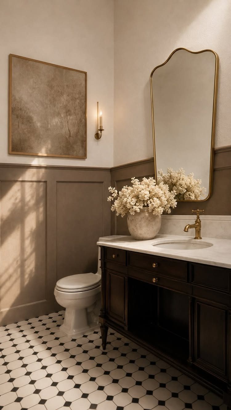 Beige wainscoting panels on a bathroom wall above a white toilet and dark wood vanity.