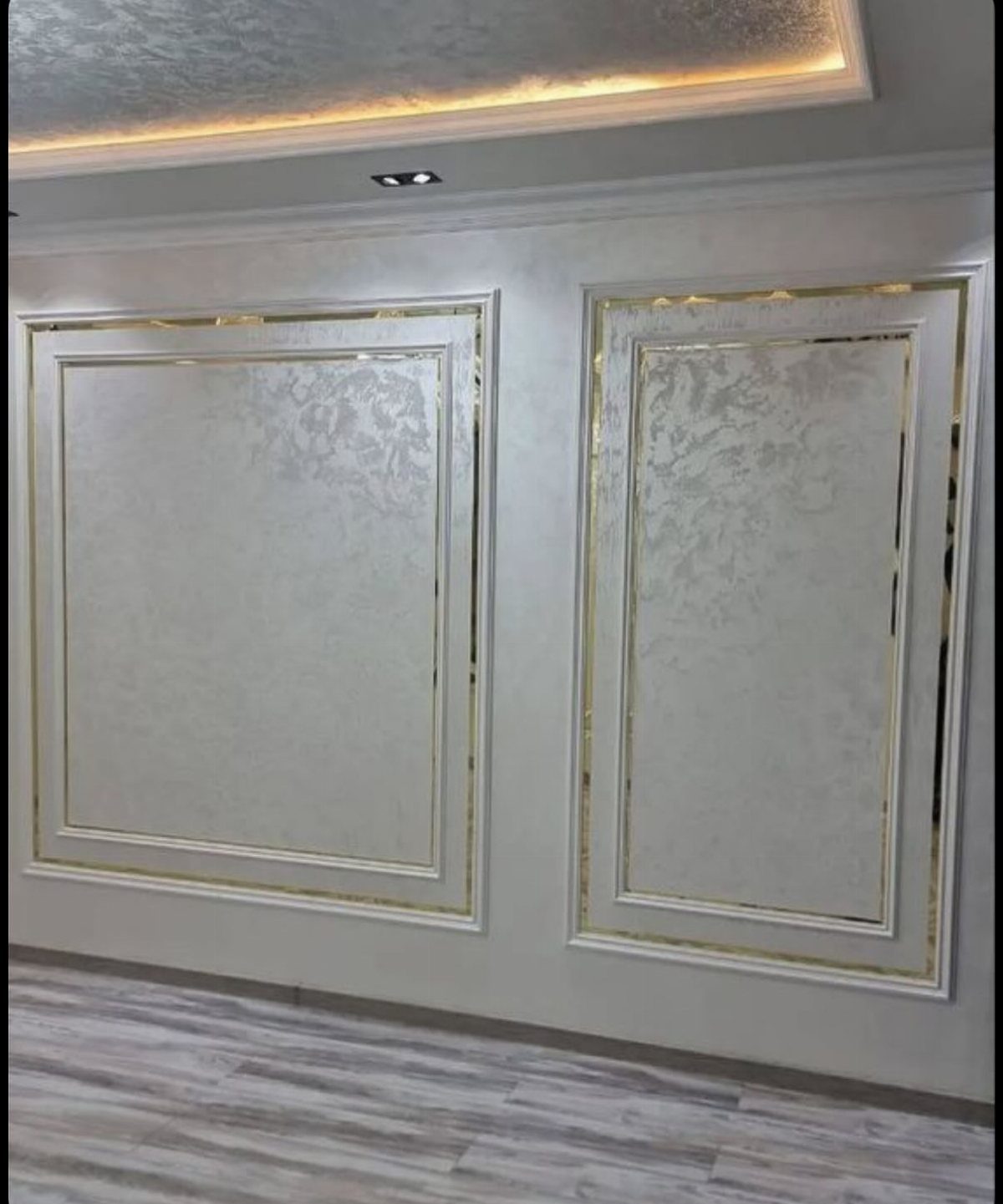 Two decorative wall panels with gold molding on a light grey interior wall.