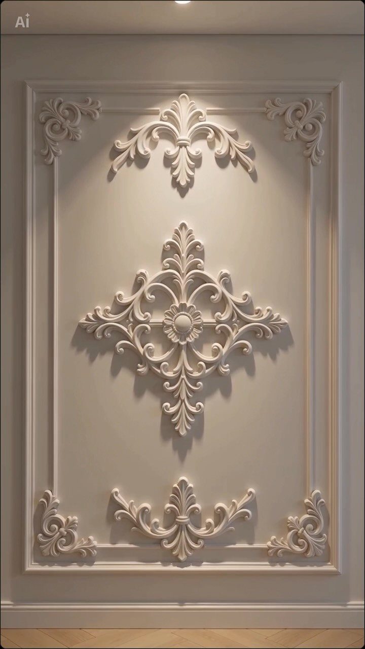 Ornate cream-colored wall panel molding with decorative floral relief patterns inside a rectangular frame.