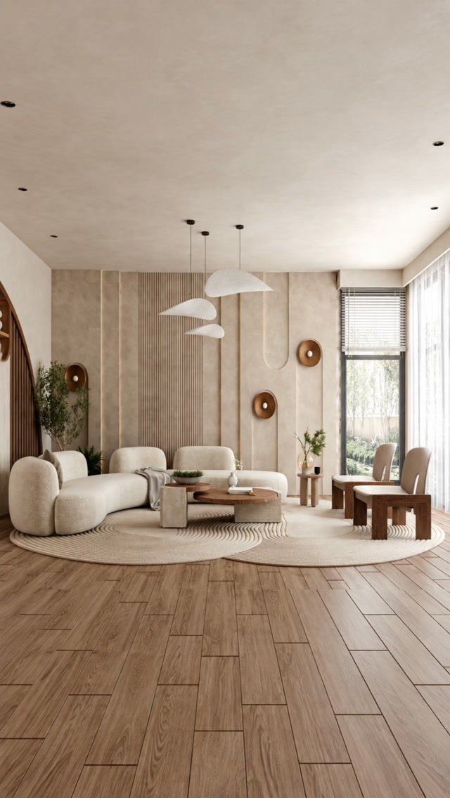 Vertical wood panel molding on a beige wall in a modern living room setting.