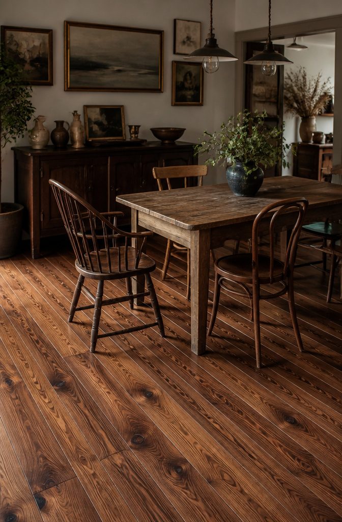 Walnut Parquet Flooring: Solid, Engineered and Pattern Styles 6 Character grade walnut planks with visible knots in a rustic dining room.