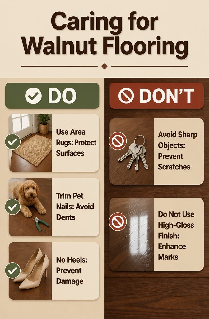 Walnut Parquet Flooring: Solid, Engineered and Pattern Styles 10 Caring instructions for walnut flooring highlighting its softer nature.