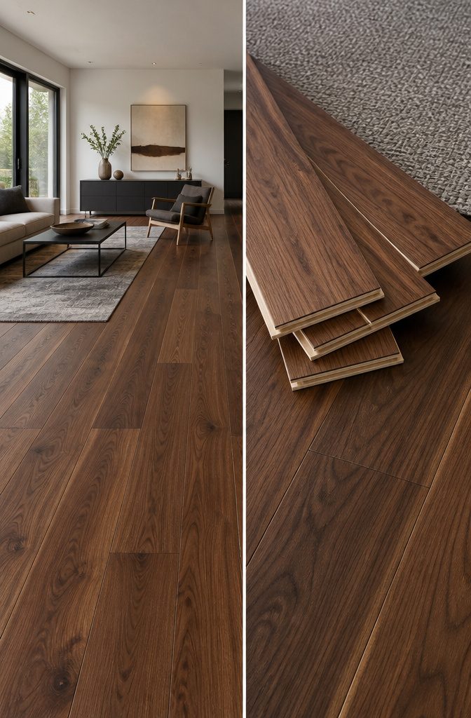 Walnut Parquet Flooring: Solid, Engineered and Pattern Styles 2 Engineered walnut flooring showing a thin veneer over a plywood base.