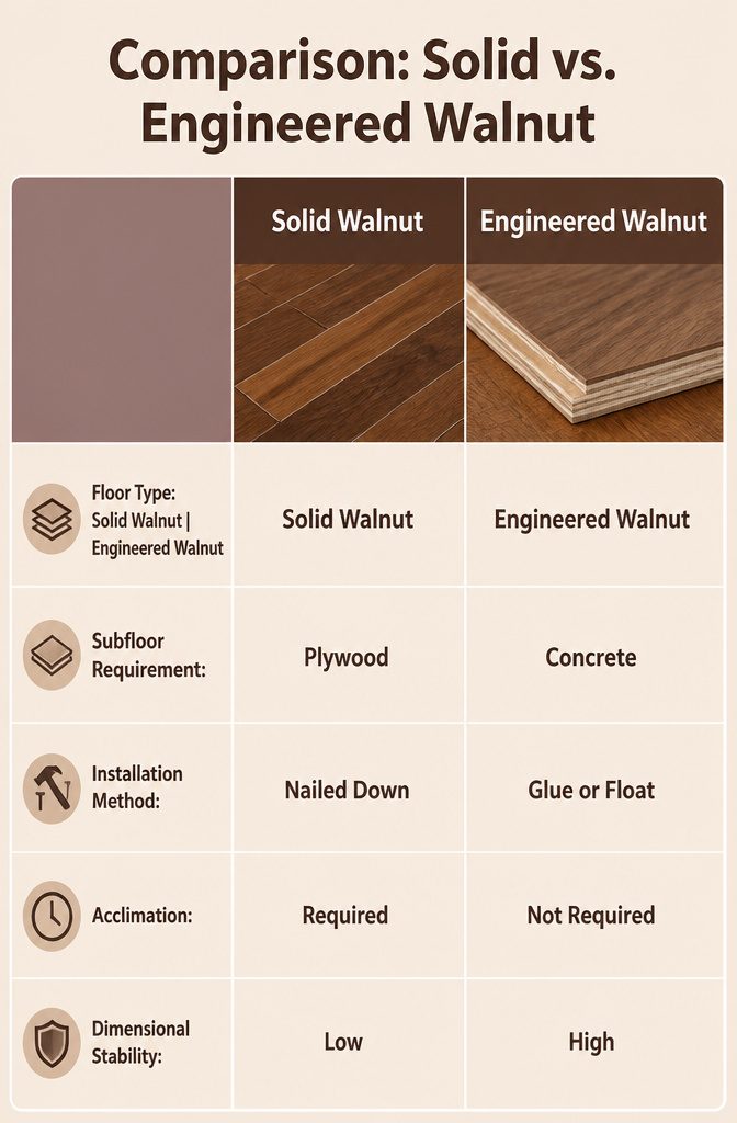 Walnut Parquet Flooring: Solid, Engineered and Pattern Styles 12 Comparison of installation methods for solid and engineered walnut flooring.