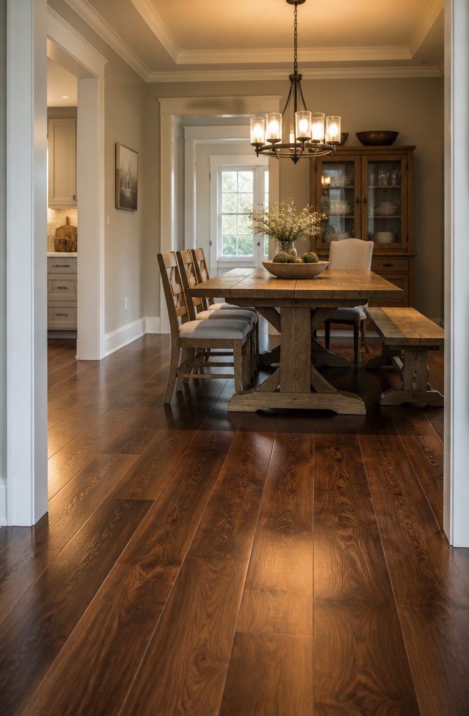 Walnut Parquet Flooring: Solid, Engineered and Pattern Styles 3 Prefinished walnut planks in a spacious dining area with warm lighting.