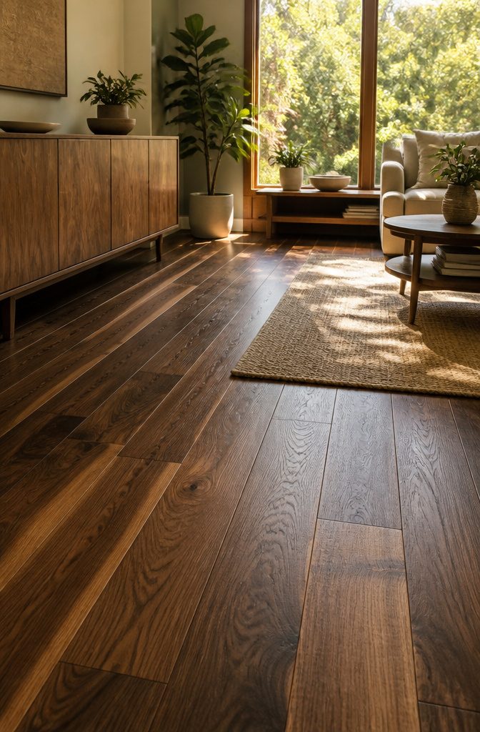 Walnut Parquet Flooring: Solid, Engineered and Pattern Styles 1 Wide solid walnut planks with natural grain patterns and a soft sheen.
