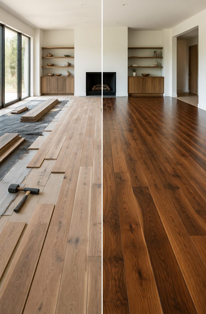 Walnut Parquet Flooring: Solid, Engineered and Pattern Styles 4 Raw walnut planks awaiting sanding and sealing after installation.