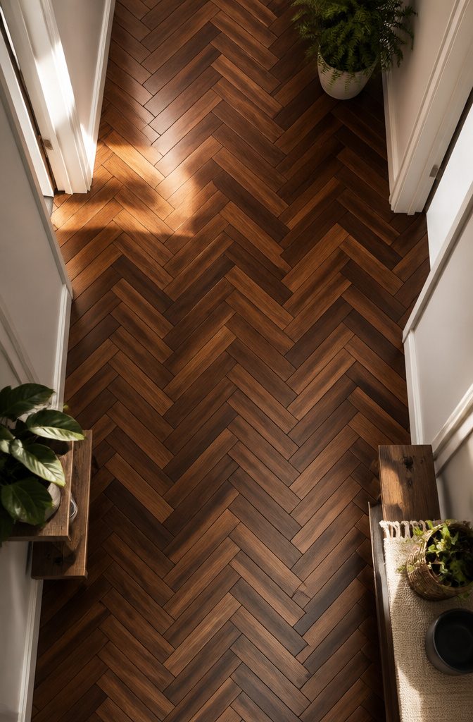 Walnut Parquet Flooring: Solid, Engineered and Pattern Styles 8 Herringbone pattern made from walnut planks arranged in a zigzag layout.