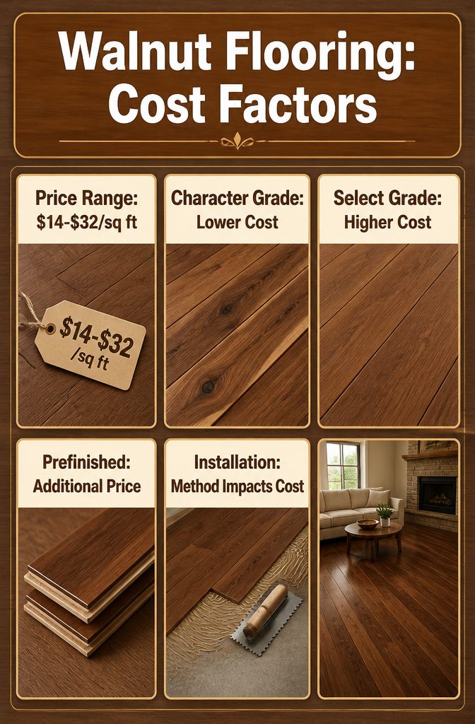 Walnut Parquet Flooring: Solid, Engineered and Pattern Styles 9 Information image detailing the cost factors of walnut flooring.