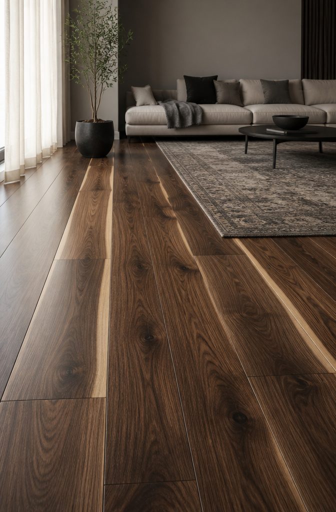 Walnut Parquet Flooring: Solid, Engineered and Pattern Styles 5 Wide walnut planks displaying creamy sapwood and dark heartwood.