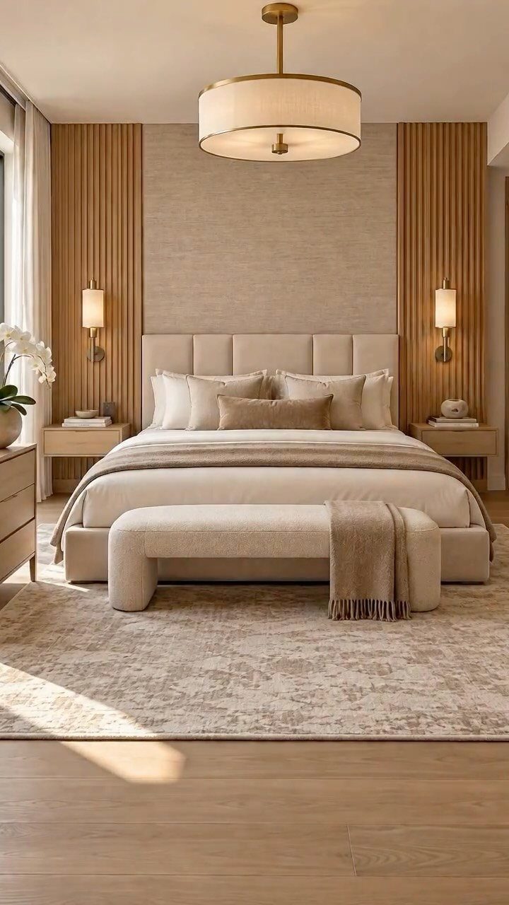A neutral bedroom with a large bed and a textured wall featuring vertical wood slats.