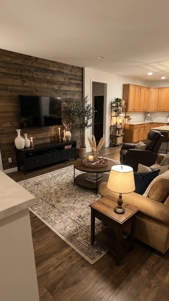 A living room with a dark wood plank accent wall behind a television and media console.