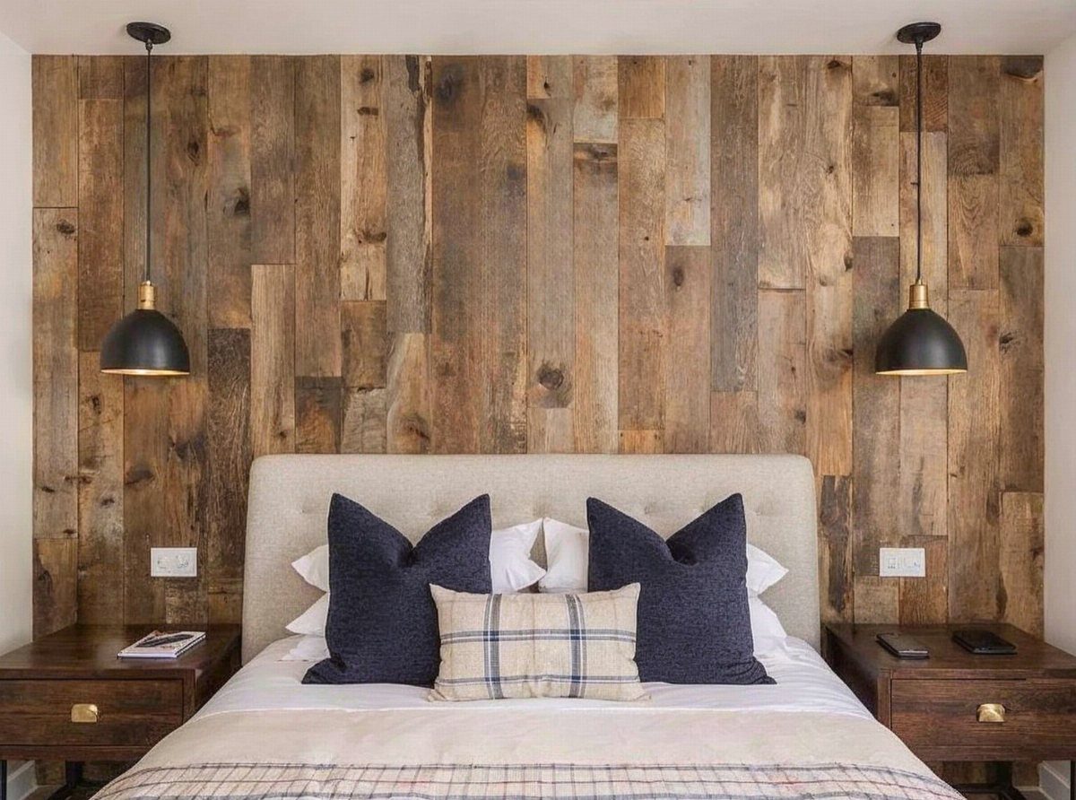 Weathered wood planks form a rustic accent wall behind a beige bed with dark pillows.