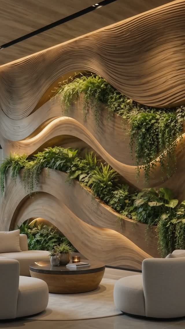Wavy wooden accent wall with lush green plants growing within the organic, flowing curves.