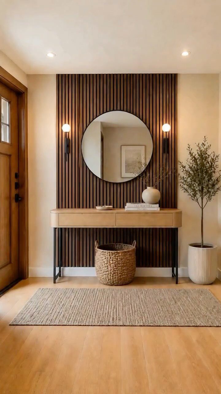 Dark brown vertical wood slat paneling serves as an accent wall behind a console table.