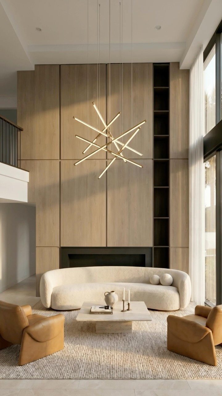 Modern living room with wood panel walls, a white curved sofa, and a gold starburst chandelier.