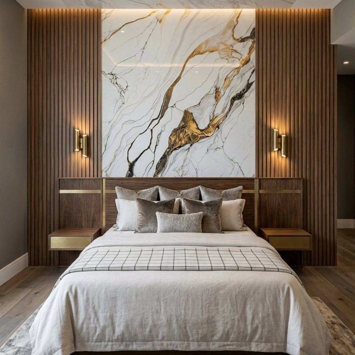 Vertical wood slat walls with gold sconces flanking a large marble patterned headboard in a bedroom.