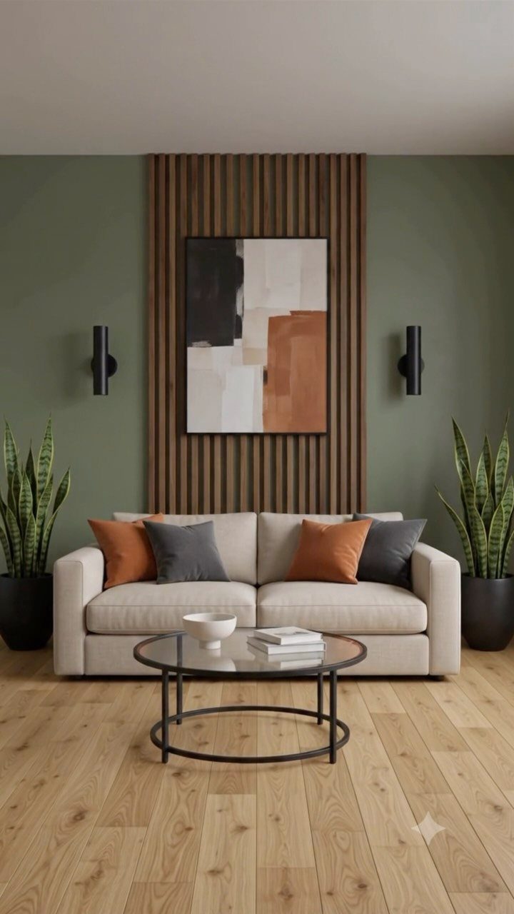 Black cylindrical wall sconces mounted on olive green walls flanking a wood slat panel and sofa.