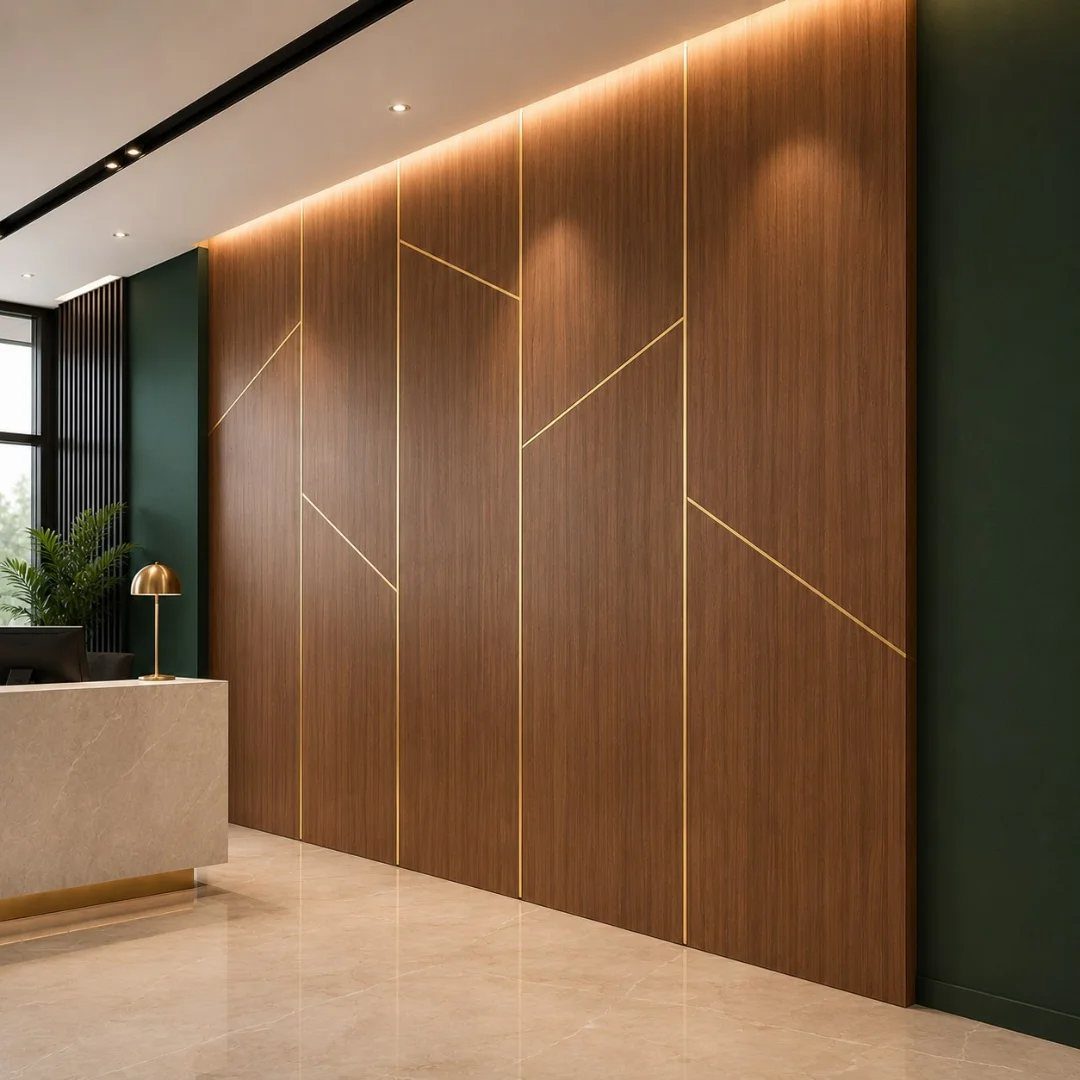 Vertical wood panel wall with gold geometric inlay lines in a modern lobby.