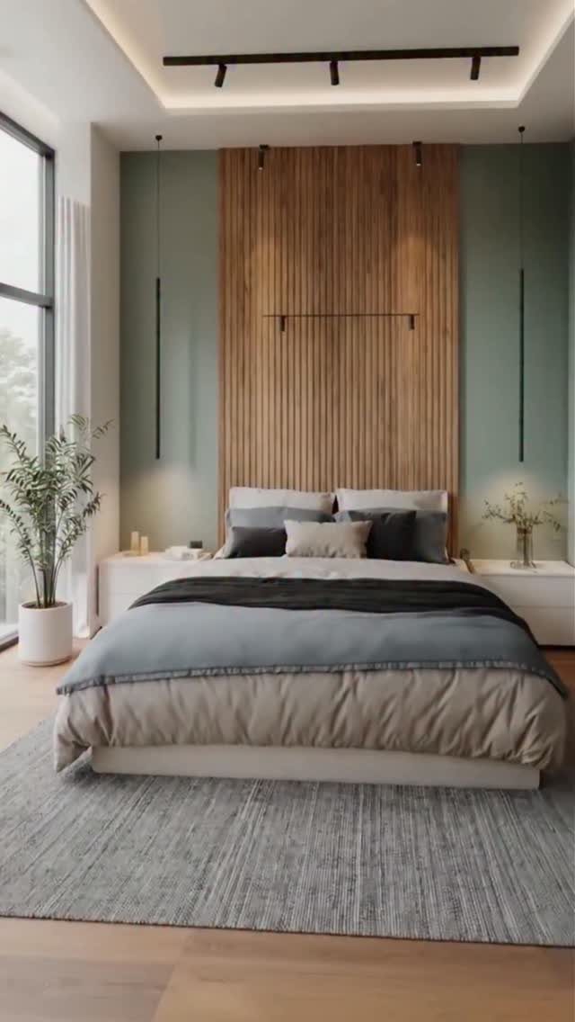 Modern bedroom with a vertical wood slat headboard and hanging pendant lights.
