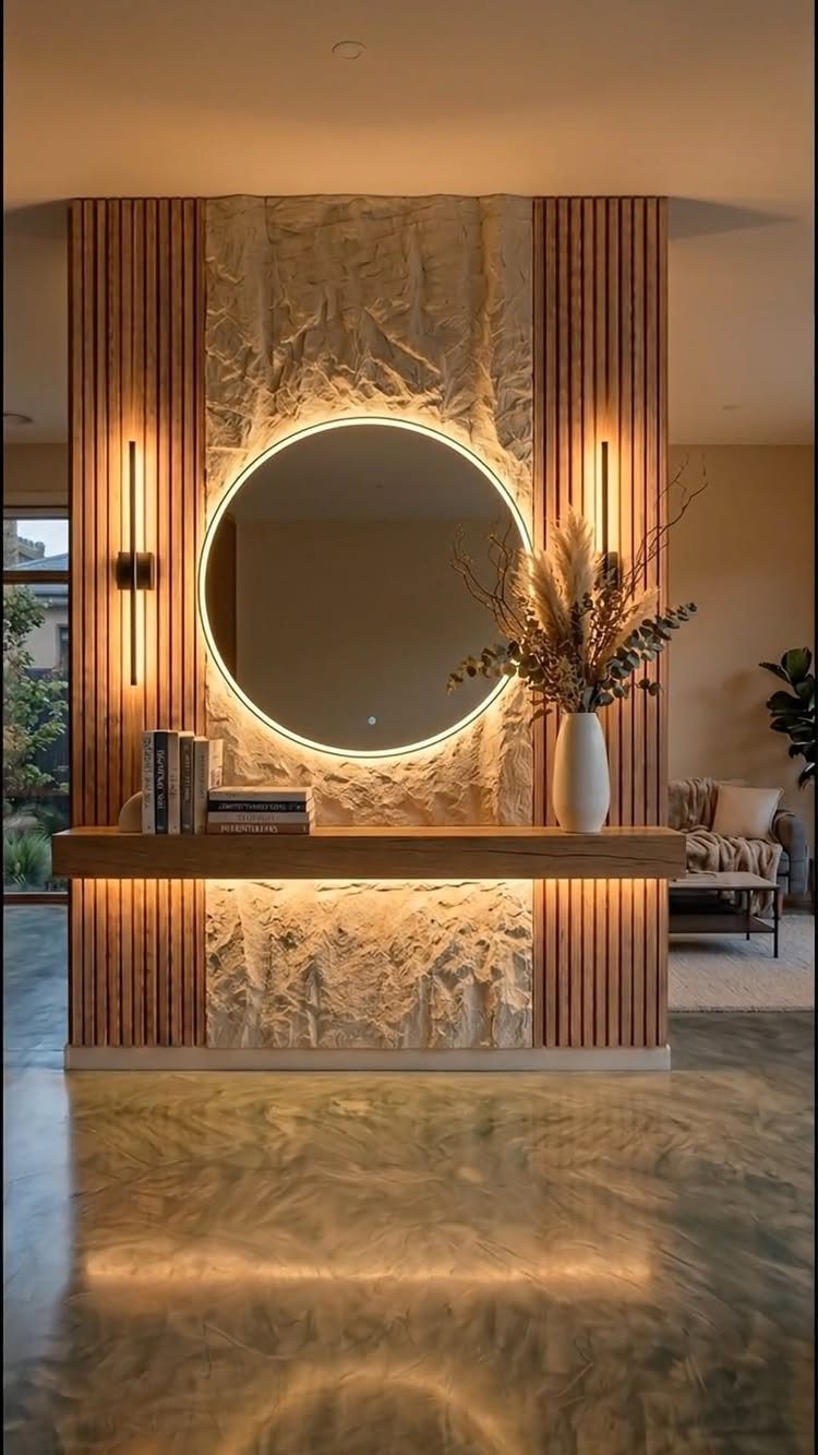 Vertical wood slats and textured stone wall with a backlit circular mirror and floating console.