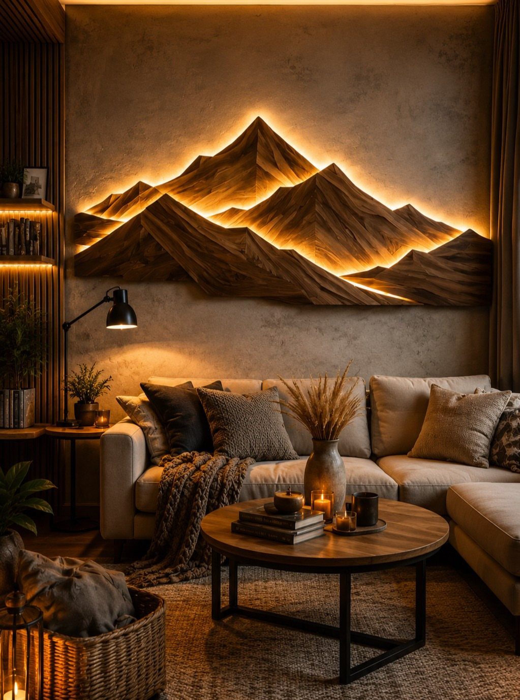 Wooden mountain range wall art with warm backlight mounted above a living room sofa.