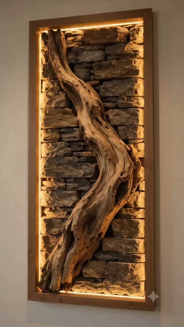 Driftwood and stone wall art piece mounted within a glowing wooden frame.