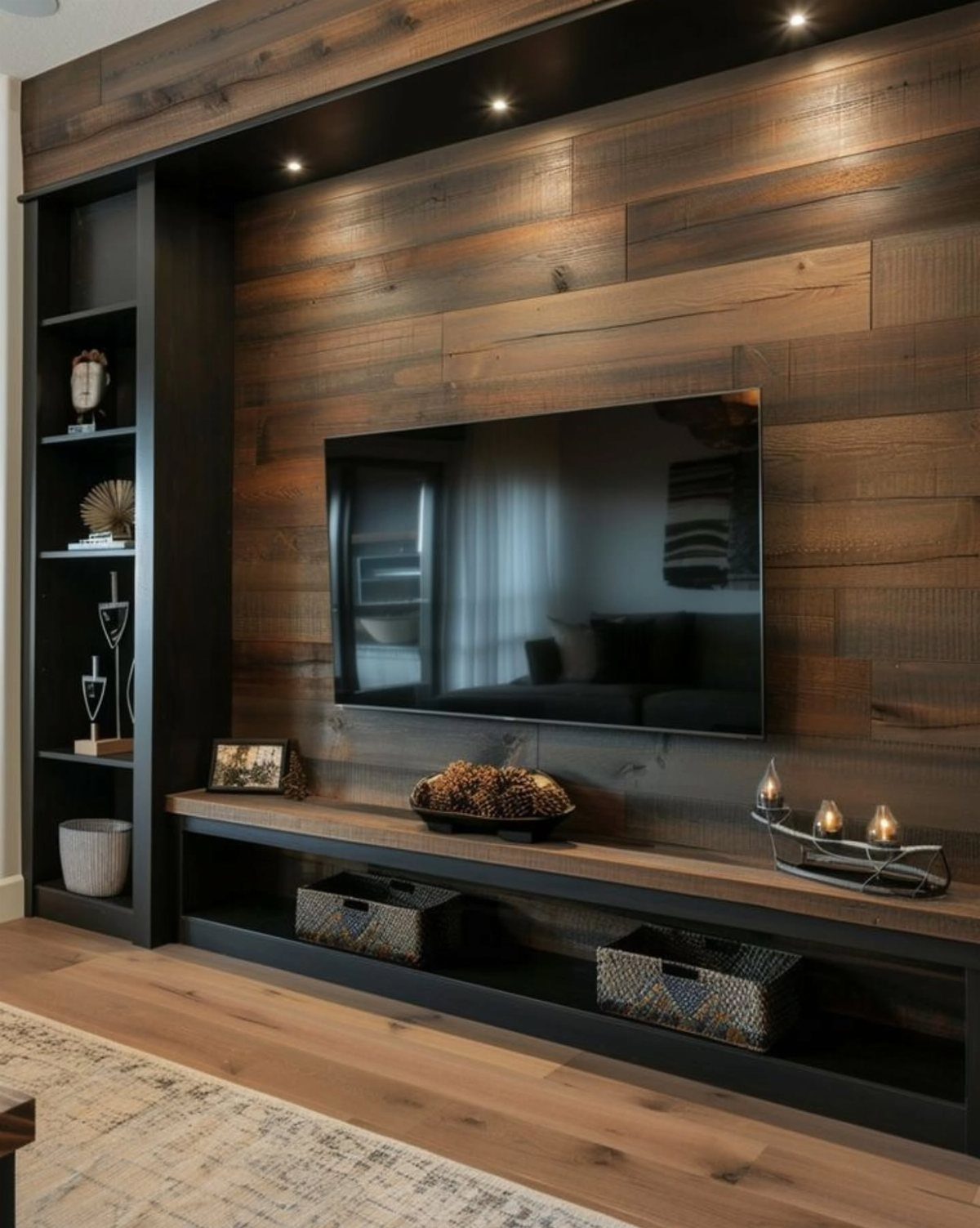 Horizontal dark wood planks covering a living room wall behind a mounted television and media console.