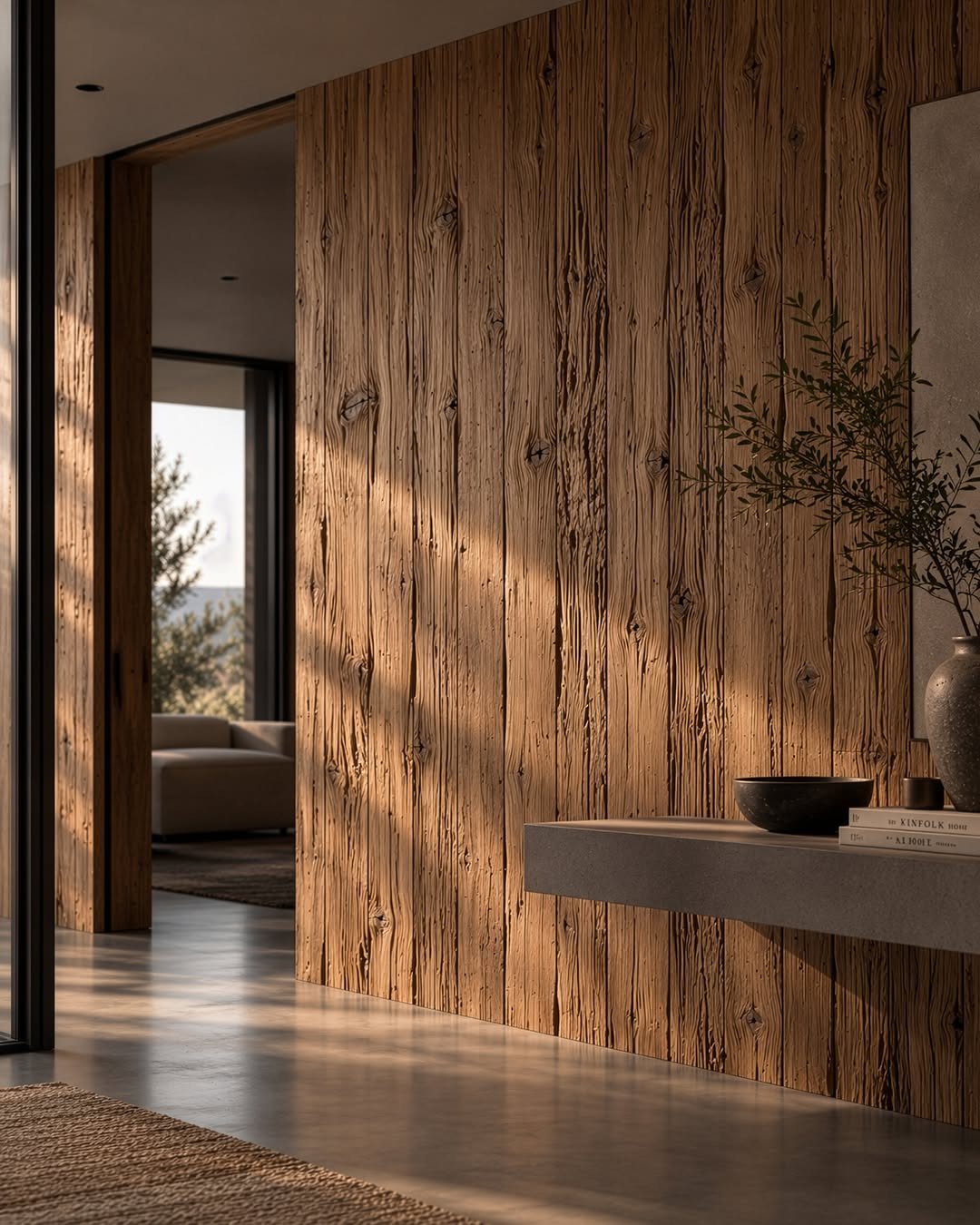 Weathered vertical wood planks covering an interior wall with sunlight streaming across the textured surface.