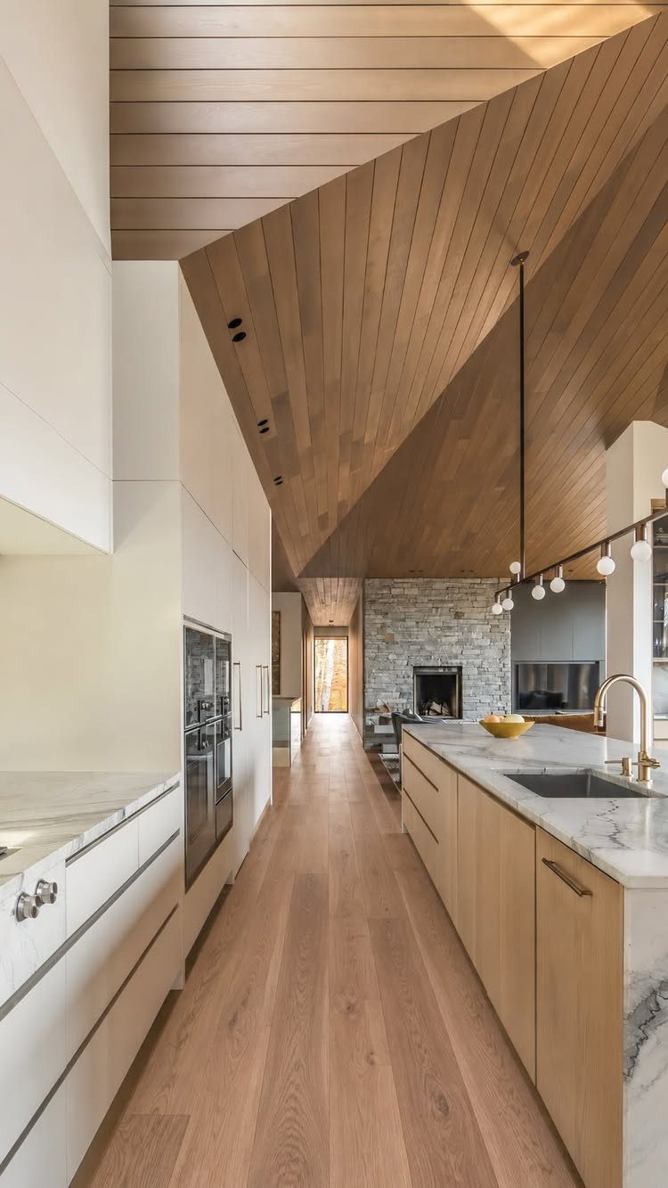 Light wood plank flooring running through a modern kitchen and living room area.